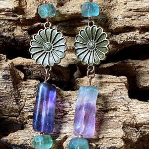 Rainbow Fluorite Flower Statement Copper Earrings